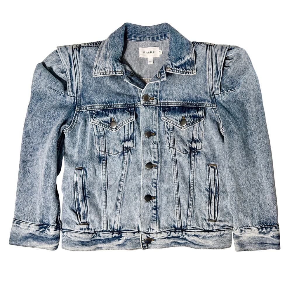 FRAME Light Wash Denim Jacket Puff Shoulders Size S/P Made in USA Premium Denim